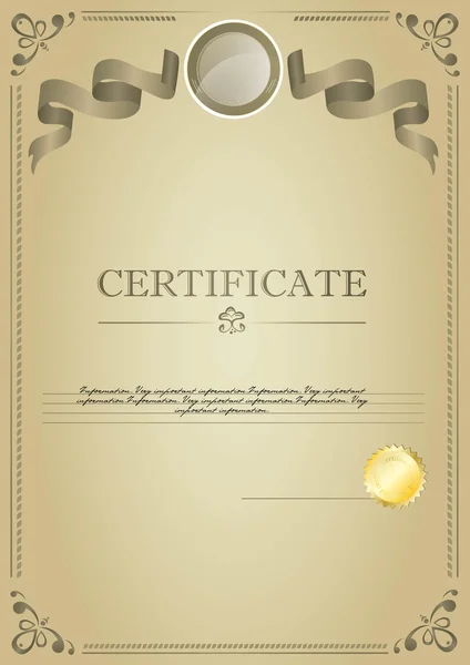 Beige certificaat met lint en embleem — Stockvector