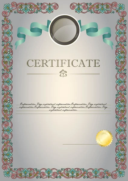 Grey certificate with ribbon and emblem — Stock Vector