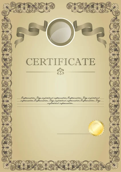 Beige certificate with ribbon and emblem — Stock Vector