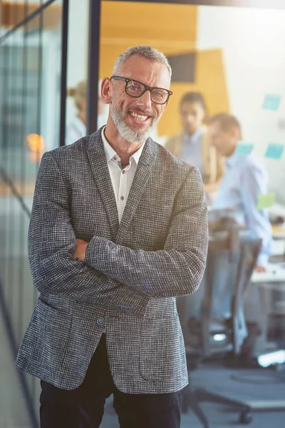 Prise de vue verticale d'un homme d'affaires mature joyeux dans l'usure classique gardant les bras croisés et souriant à la caméra tout en se tenant debout dans le bureau moderne — Photo