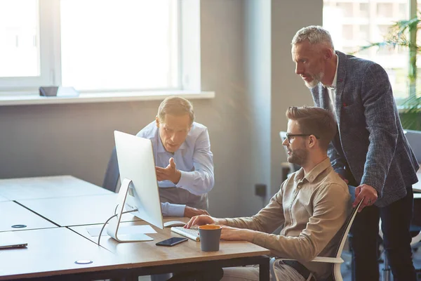 Trois collègues masculins regardant l'écran du PC et discutant du projet, les gens d'affaires travaillant ensemble dans l'espace de coworking — Photo