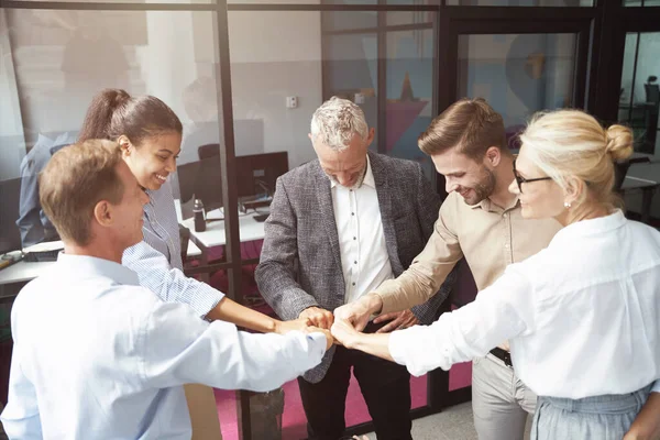 Fira framgång. Grupp glada multiracial affärsmän gör knytnävar bula när du står på kontoret — Stockfoto