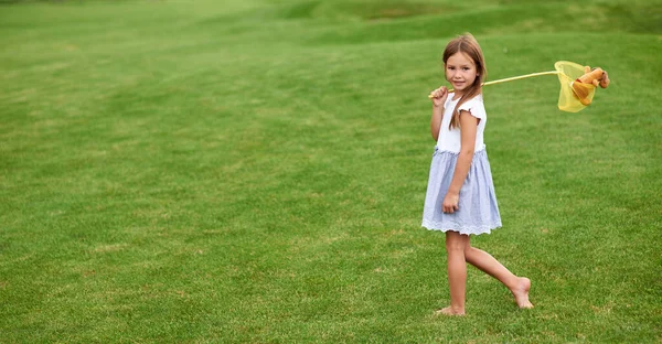 Full längd skott av bedårande liten flicka tittar på kameran, står med en fjäril nät, fånga fjärilar i den gröna parken på en sommardag — Stockfoto