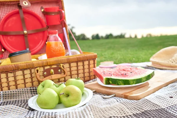 Piknik a természetben. Piknik kosár gyümölcsökkel kockás takarón a zöld mezőn — Stock Fotó