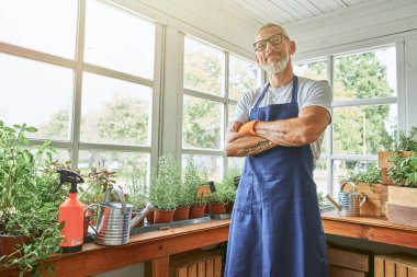 Güneşli bahçe evinde orta yaşlı beyaz iş adamı