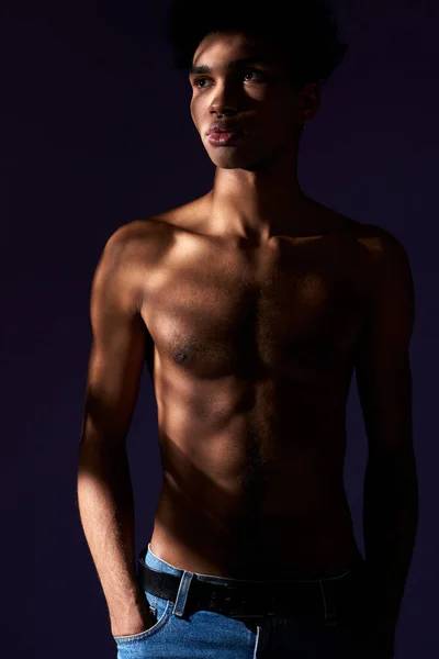 Africano americano macho en sombra de pie en estudio con fondo púrpura vertical retrato disparo —  Fotos de Stock