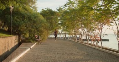 Hevesli bir koşucu, yemyeşil ağaçlarla çevrili deniz manzaralı bir patika boyunca sabah koşusundan zevk alır.