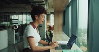 Manzaralı ufuk çizgisi manzarası olan bir kadın, güzel bir siluet arkaplanı olan dizüstü bilgisayarına yazmaya odaklanmış bir kadın.