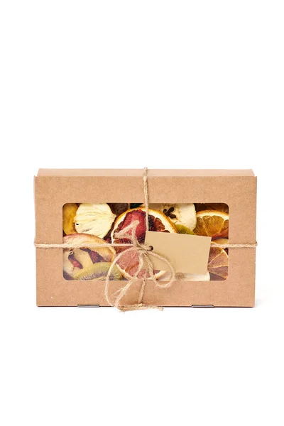 Mix Dried Fruits Craft Paper Rectangular Box Transparent Lid Twine — Stock Photo, Image