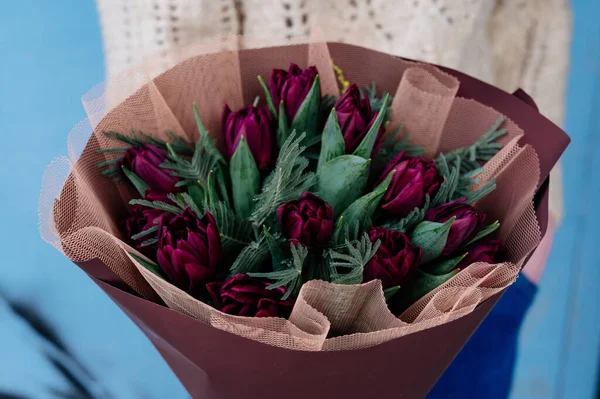 Bukett Med Röda Tulpaner Och Mimosa Blad Vinrött Paket Händerna — Stockfoto