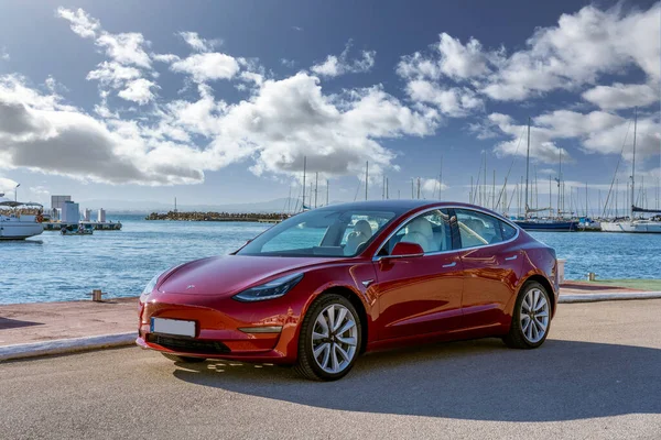 Manga Spain Квітня 2019 Red Tesla Model Морському Порту Середземноморським — стокове фото