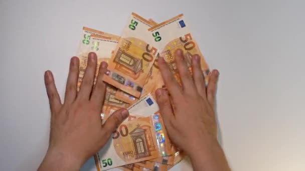 Static Shot Man Hands Removing Many Euro Banknotes White Background — Stockvideo