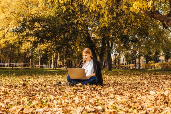 Young businesswoman working with laptop on nature with coffee. Autumn park, sunny day.