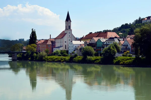 Tyskland Innstadt Del Passau Högra Stranden Inn Med Hus Och — Stockfoto