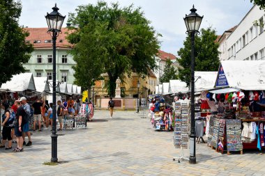 Bratislava, Slovakya - 21 Temmuz 2019: Fıskiyeli kimliği belirsiz kişiler, eski kentin yaya bölgesinde vazo taşıyan bir nemfomanı gösteriyor.