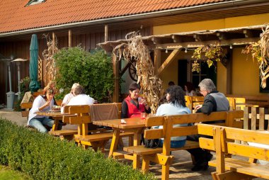 Schlieb, Avusturya - 24 Ekim 2005: Tanımlanamayan insanlar, Styria 'nın batı kesimindeki Heuriger adlı geleneksel bir handa yemek ve içeceklerinin keyfini çıkarıyorlar.