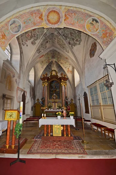 Rakousko Uvnitř Farního Kostela Margarethen Moos Obklopeno Románským Dřevěným Domem — Stock fotografie