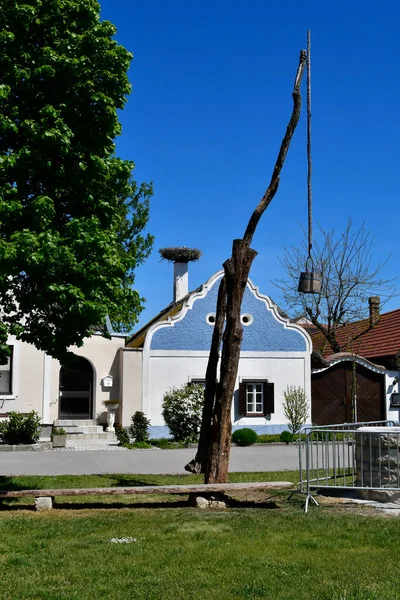 Autriche Maison Avec Nid Cigogne Vieux Puits Dessiner Dans Village — Photo