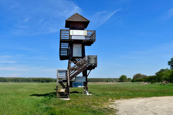 Andau, Avusturya - 04 Mayıs 2021: Macaristan 'dan gelen mültecilerin ulusal park Neusiedlersee-Seewinkel' deki Macar ayaklanmasından dolayı 1956 yılında Avusturya 'ya kaçtıkları Andau' nun yeniden inşa edilmiş tarihi köprüsündeki gözlem kulesi