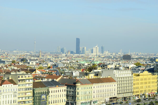 Vienna, Austria - November 1st 2014: Aerial view of the city with different buildings and churches, skyscrapers and danube tower