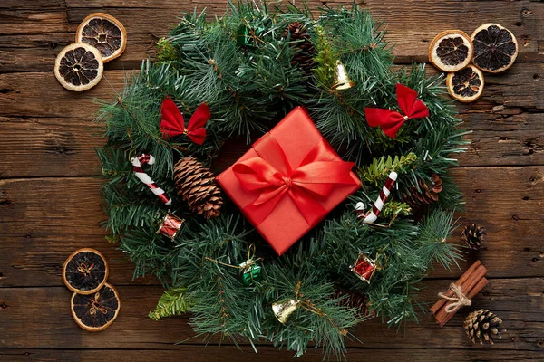 Christmas Wreath Wooden Background — Stock Photo, Image