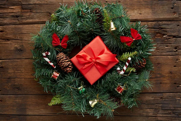 Christmas Wreath Wooden Background — Stock Photo, Image