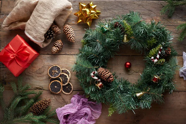 Christmas Wreath Wooden Background — Stock Photo, Image