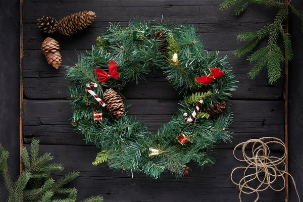 Christmas Wreath Black Wooden Background — Stock Photo, Image