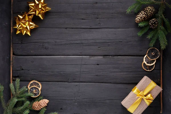 Christmas Decoraion Black Wooden Background — Stock Photo, Image