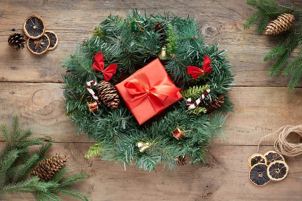 Christmas Wreath Wooden Background — Stock Photo, Image