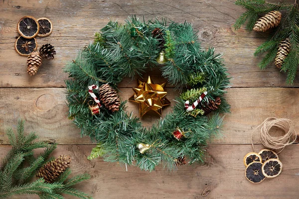 Christmas Wreath Wooden Background — Stock Photo, Image