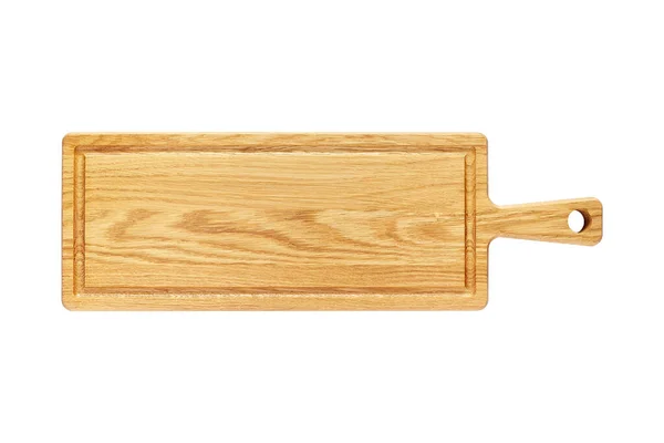 Vecchio tagliere di legno grezzo lungo con una maniglia isolata su uno sfondo bianco — Foto Stock
