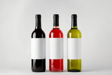 Modelleme. Beyaz arka planda izole edilmiş farklı türde şarap şişeleri..