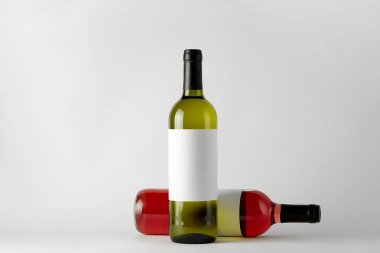 Modelleme. Beyaz arka planda izole edilmiş farklı türde şarap şişeleri..