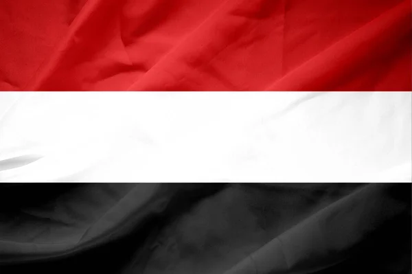 Zblízka Mávejte Jemenskou Vlajkou Vlajkové Symboly Jemenu — Stock fotografie