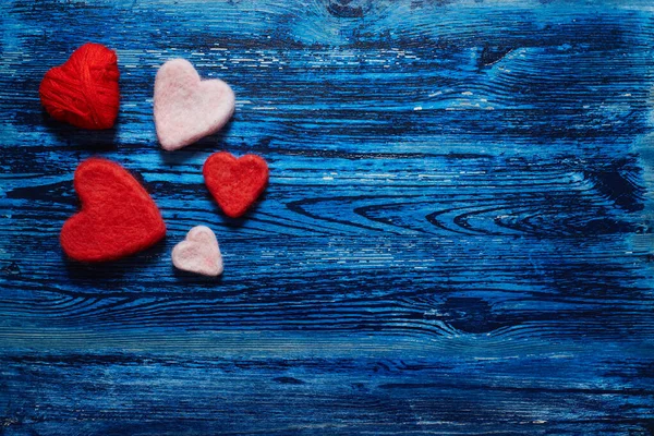 Decorative Hearts Blue Wooden Background — Stock Photo, Image