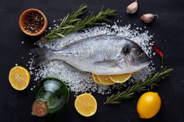 Çiğ organik dorado ya da kayanın üzerinde çipura ya da beton arkaplan. .