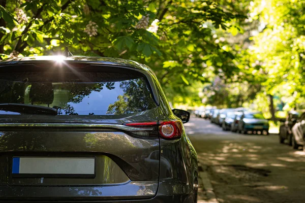 Janela traseira do carro cinza estacionado na rua no verão dia ensolarado, vista traseira. Mock-up para adesivo ou decalques — Fotografia de Stock