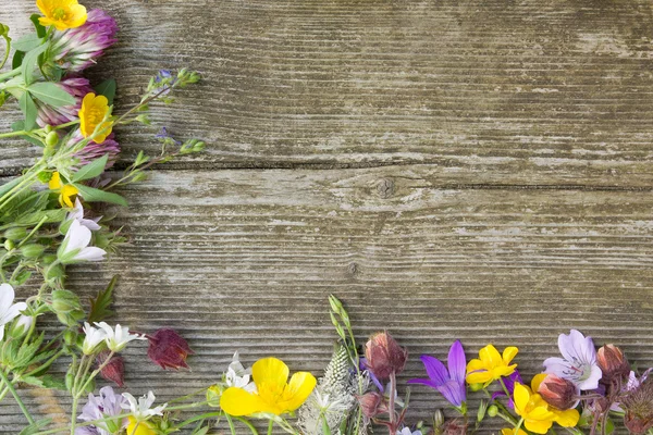 Ahşap zemin üzerine yaz kır çiçekleri 