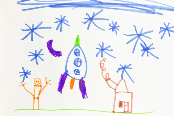 Çocuğun keçeli kalem çizim - roket kapalı alır