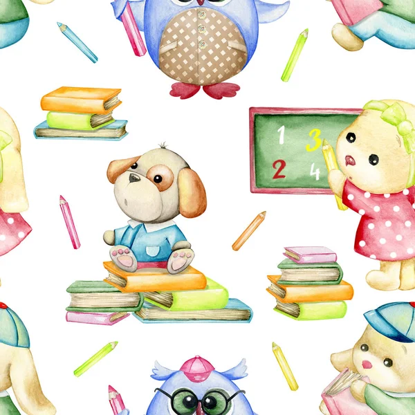 owl, rabbit, dog, books, pencils. Watercolor seamless pattern, on an isolated background, in a cartoon style.