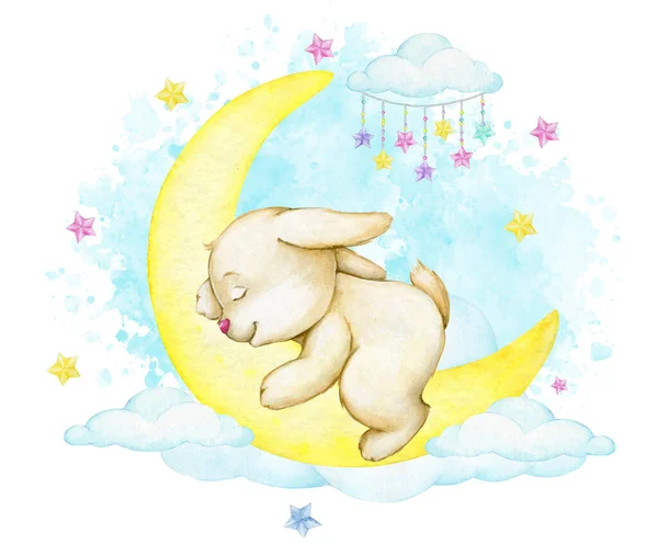 Cute bunny, sleeping on the moon, on a blue background, clouds. A watercolor concept, in a cartoon style, on an isolated background.