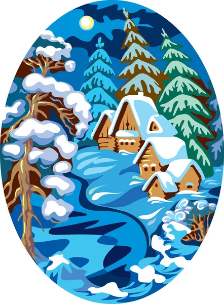 Winter Oval Landscape Fairytale Village — Stock Vector