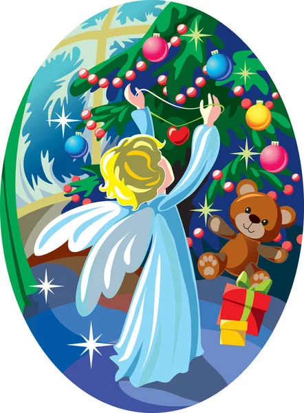 Oval Illustration Christmas Angel Decorating Tree — Stock Vector