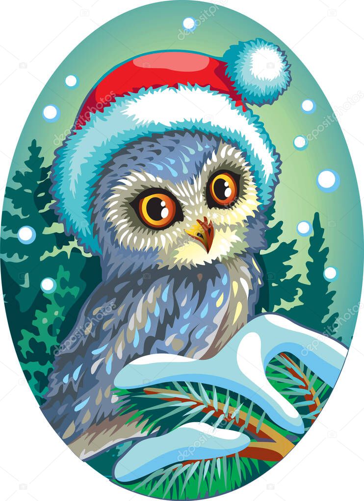 Oval composition with a christmas owl sitting on a branch