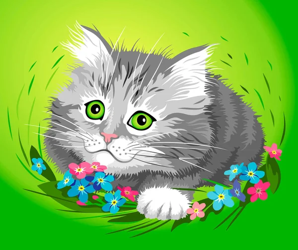Cute Gray Kitty Green Grass Forget Nots — Stock Vector