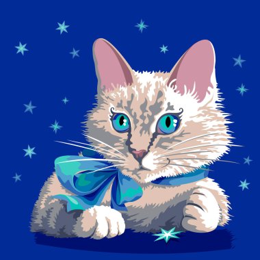 Kitty with a blue bow dreaming against the background of the starry sky