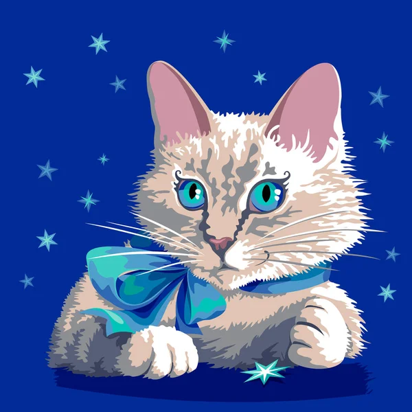 Kitty Blue Bow Dreaming Background Starry Sky Telifsiz Stok Vektörler