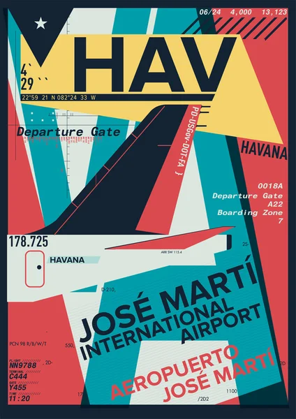 Značka letiště odletu a příletu v Havaně, burzovní vektorová ilustrace: design trička/tisk designu/mezinárodní letiště — Stockový vektor