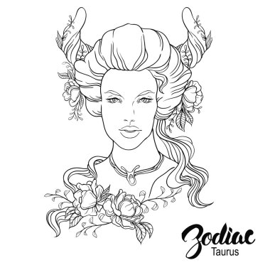 Zodiac. Vector illustration of Taurus as girl with flowers.